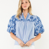 THML Puff Sleeve Blue Striped Embroidered Top