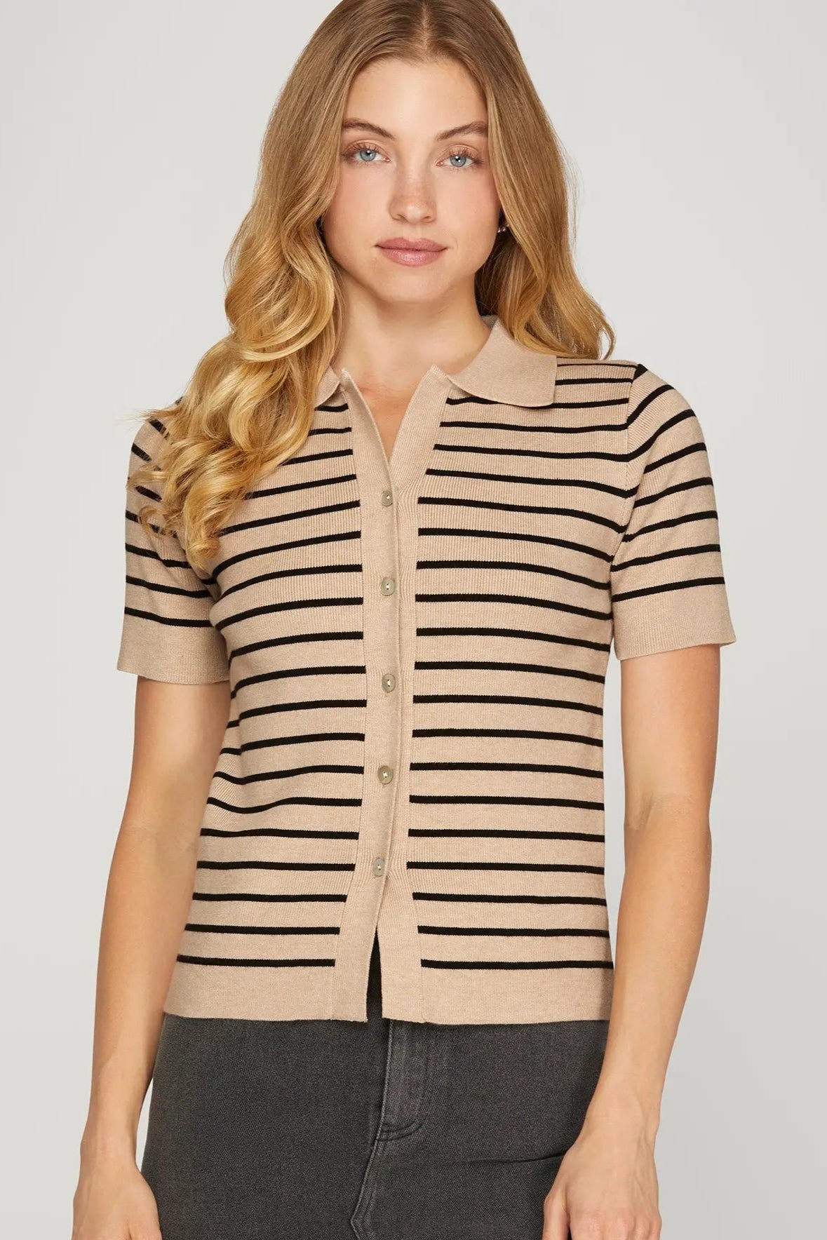 Beige Sweater with Black Stripes