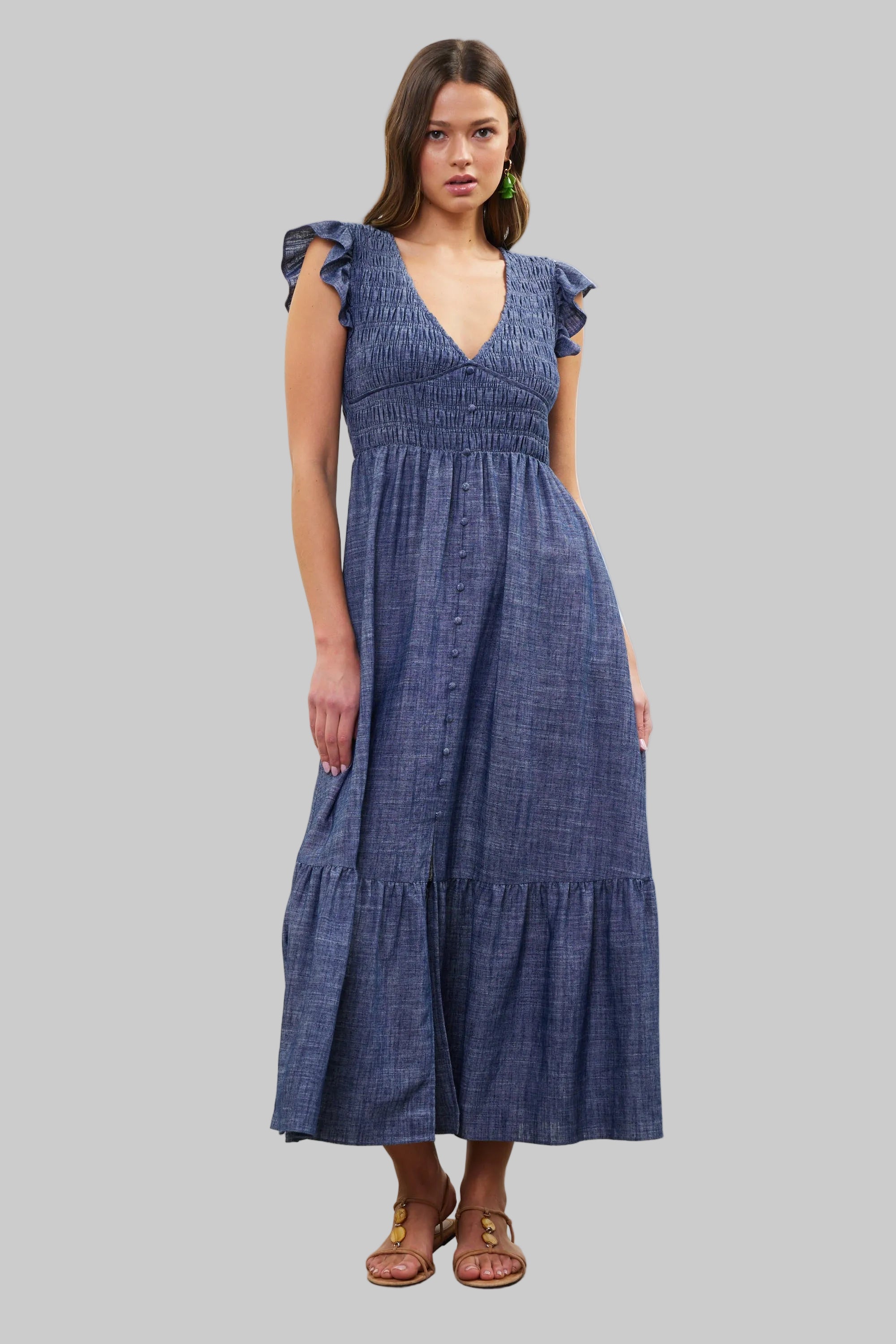 Denim Blue Chambray Flutter Slv Smocked Midi Dress