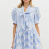 S/S Stripe Dress w/Drop Waist and Bow Neck
