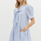 S/S Stripe Dress w/Drop Waist and Bow Neck