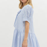 S/S Stripe Dress w/Drop Waist and Bow Neck