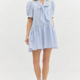 S/S Stripe Dress w/Drop Waist and Bow Neck