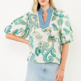 THML Puff Sleeve Print Top Green