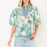 THML Puff Sleeve Print Top Green