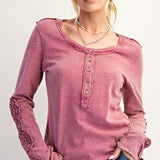 Rose Mineral Wash Henley Top with Lace Sleeve Detail