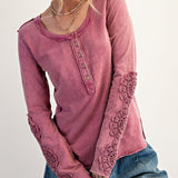 Rose Mineral Wash Henley Top with Lace Sleeve Detail