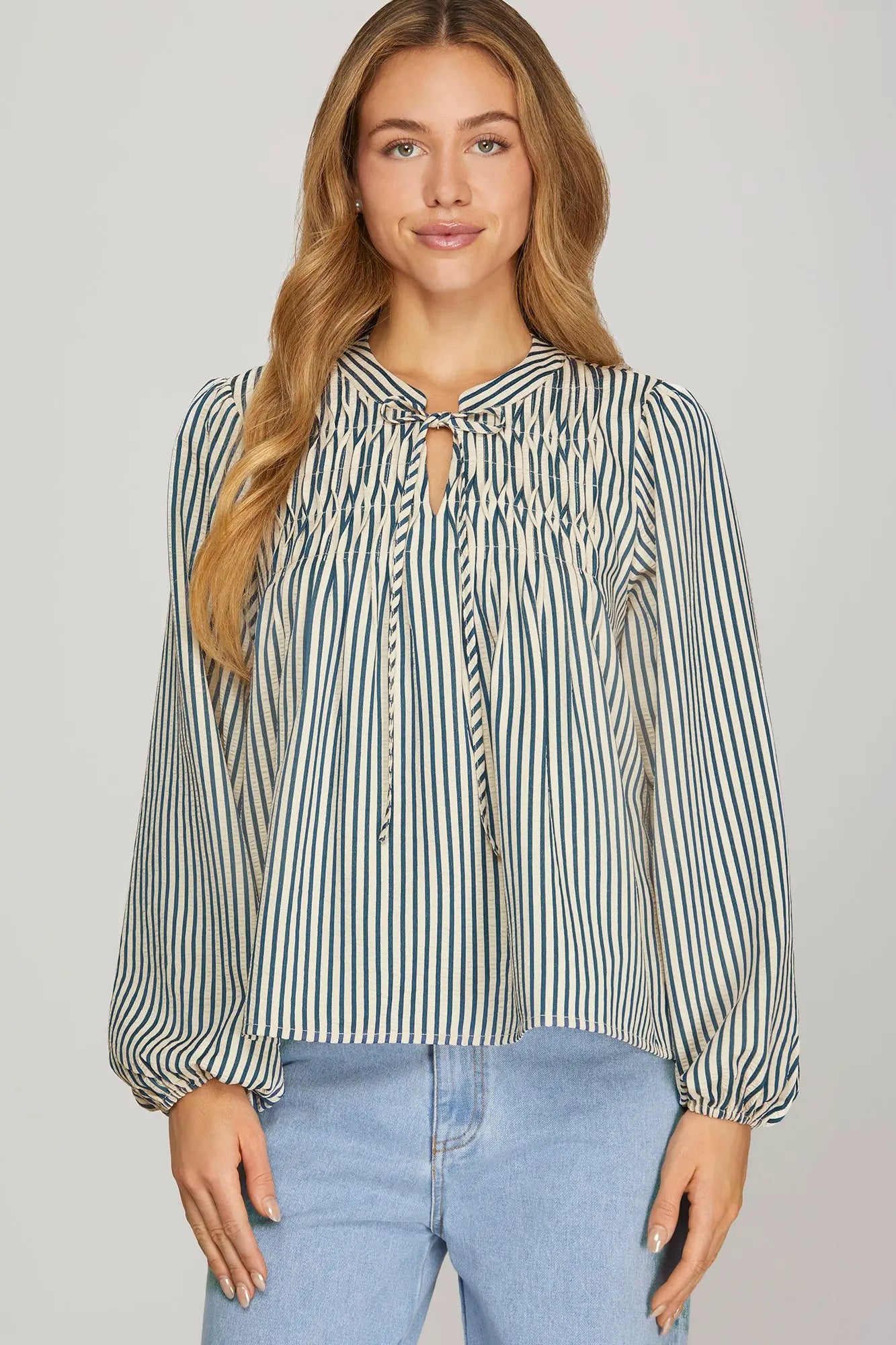 Long sleeve blue stripe woven top with tie
