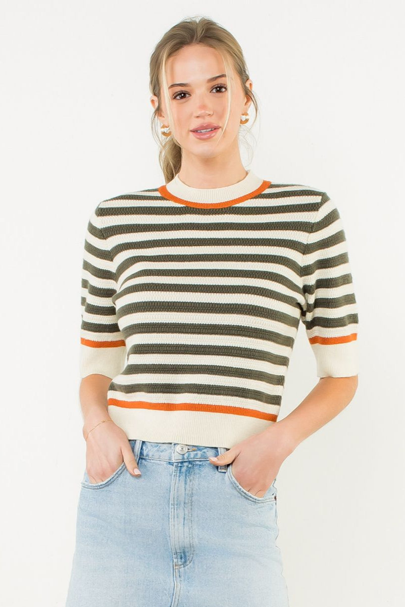 Olive and cream stripe short sleeved sweater