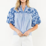 THML Puff Sleeve Blue Striped Embroidered Top