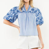 THML Puff Sleeve Blue Striped Embroidered Top