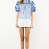 THML Puff Sleeve Blue Striped Embroidered Top