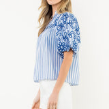 THML Puff Sleeve Blue Striped Embroidered Top