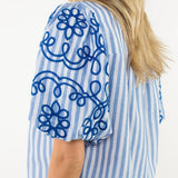 THML Puff Sleeve Blue Striped Embroidered Top