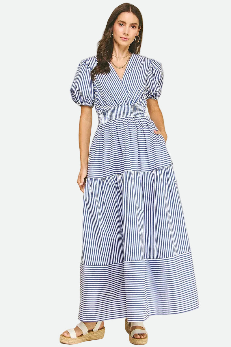 blue and white striped maxi dress Striped Tiered Maxi Dress