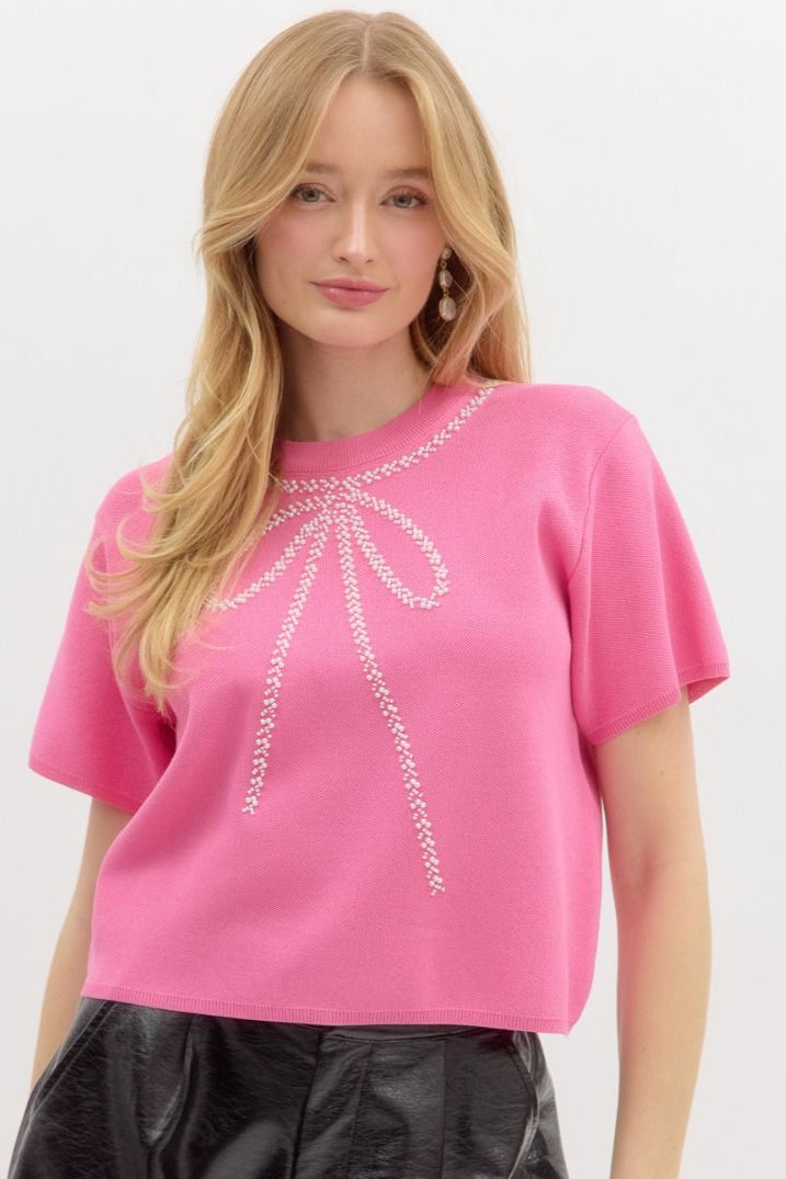 S/S Pink Beaded Bow Sweater