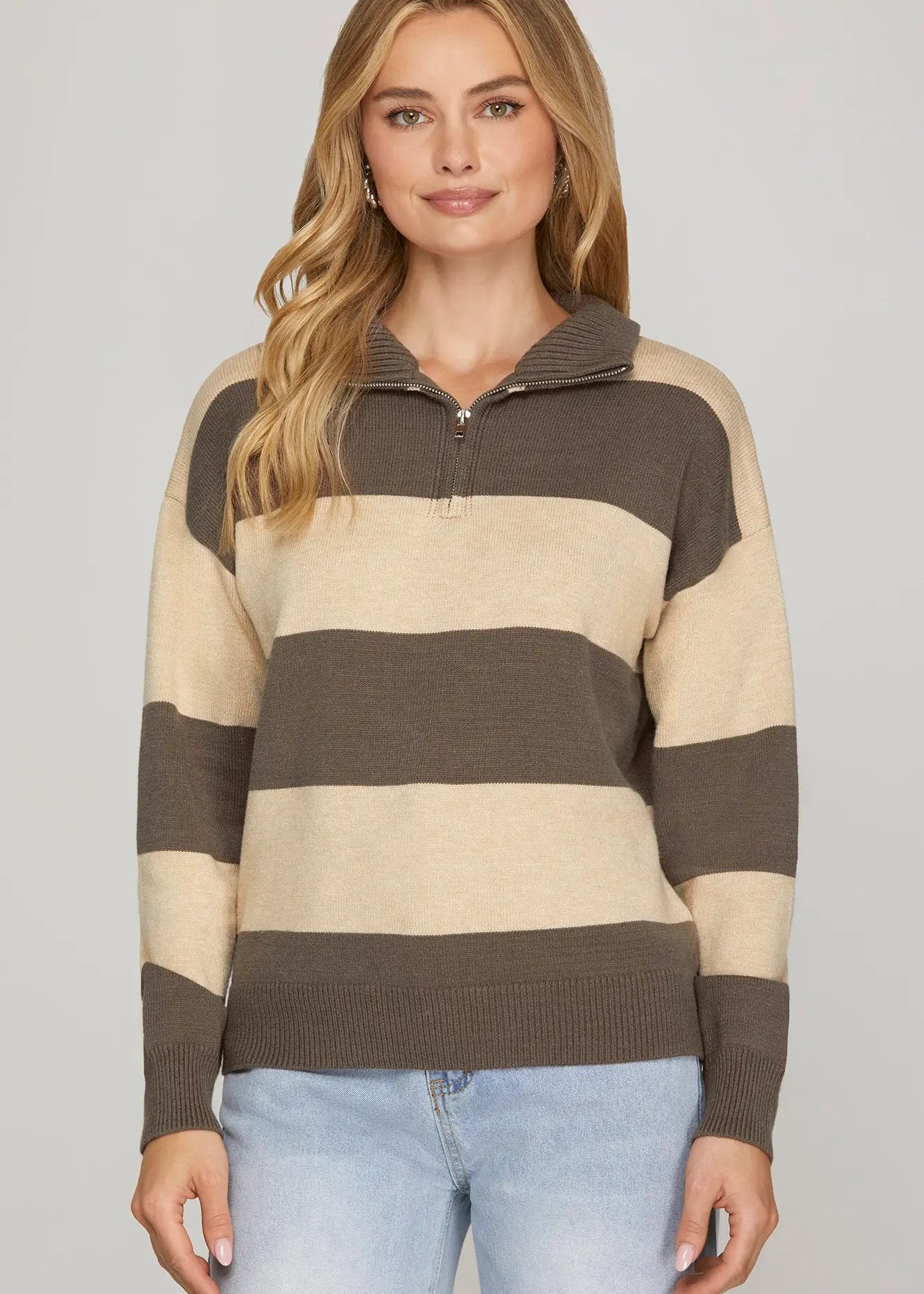 Taupe stripe sweater with zip collar