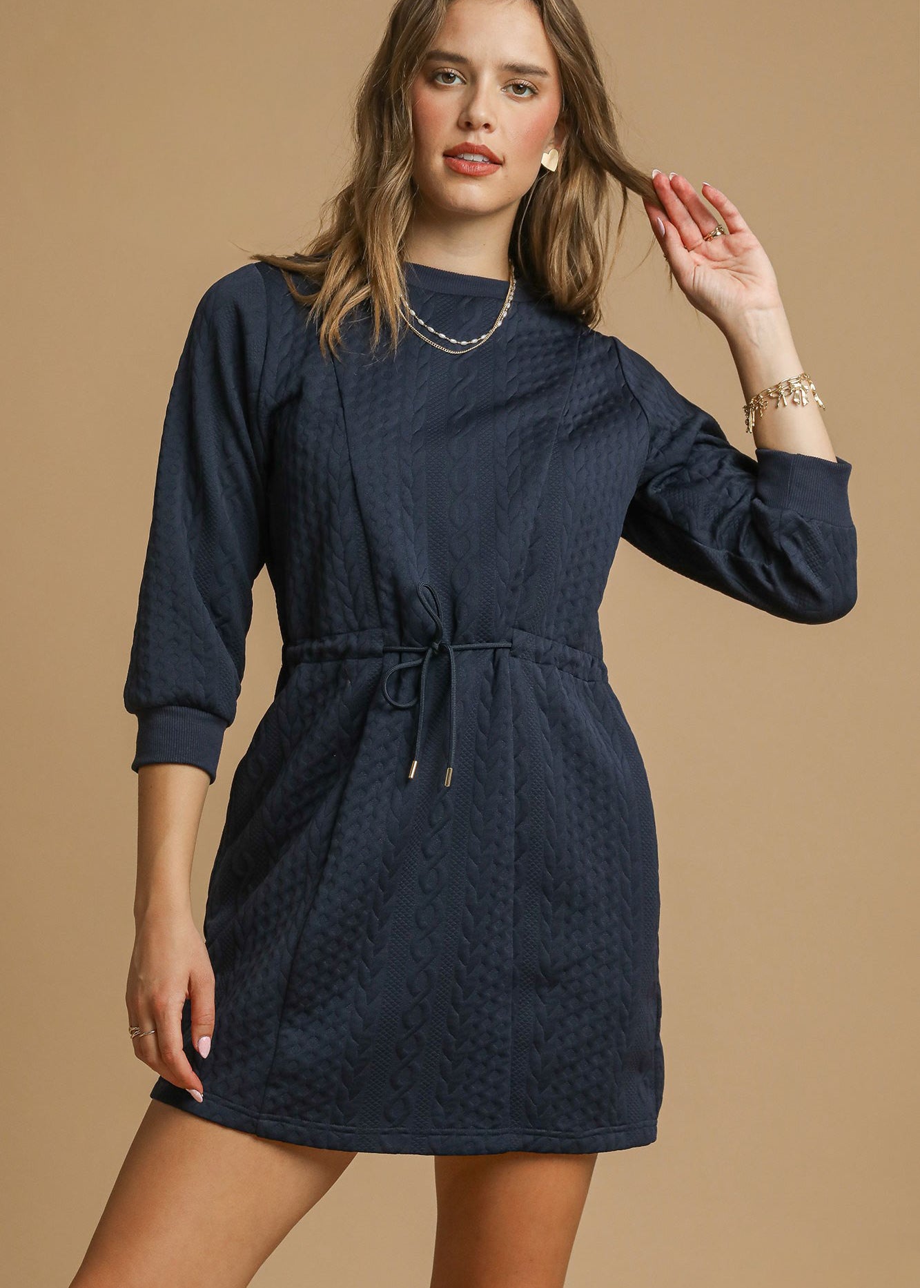3/4 sleeve short navy knit dress
