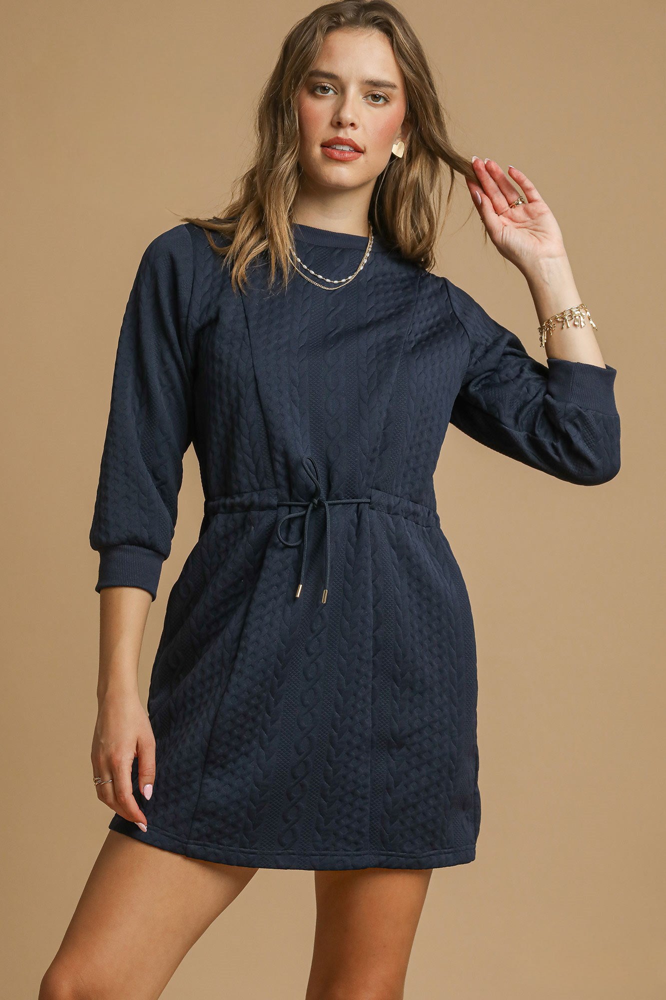 3/4 sleeve short navy knit dress