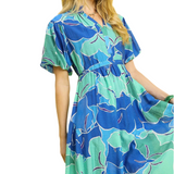 Bubble Sleeve Ocean Mix Midi Dress