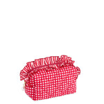 A red and white stripe toiletry bag with gingham ruffled top.