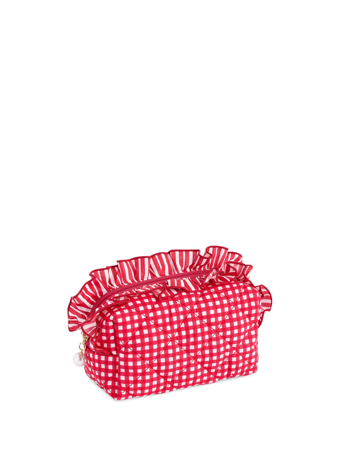 A red and white stripe toiletry bag with gingham ruffled top.