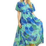 Bubble Sleeve Ocean Mix Midi Dress