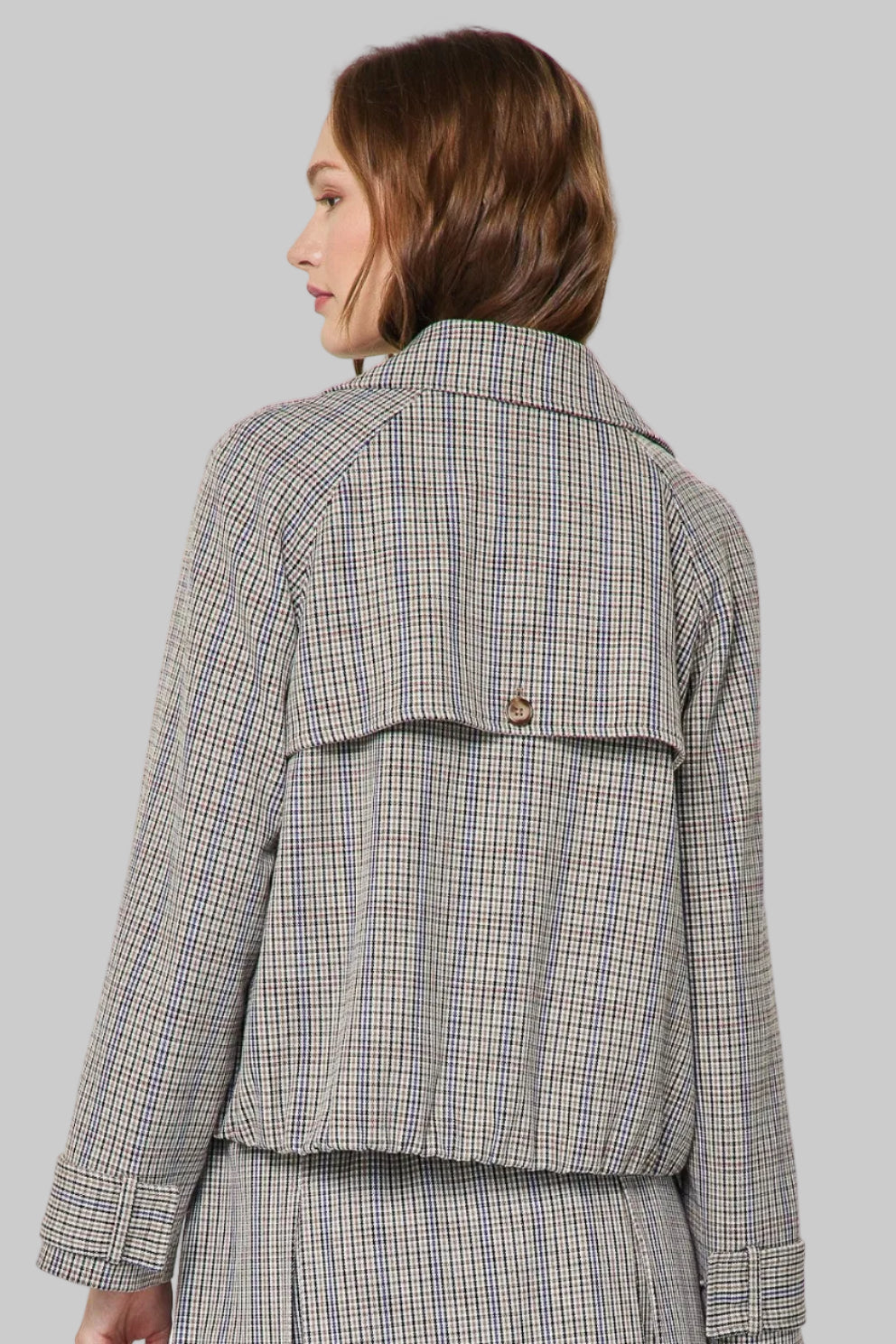 Women’s plaid cropped double-breasted trench jacket back view