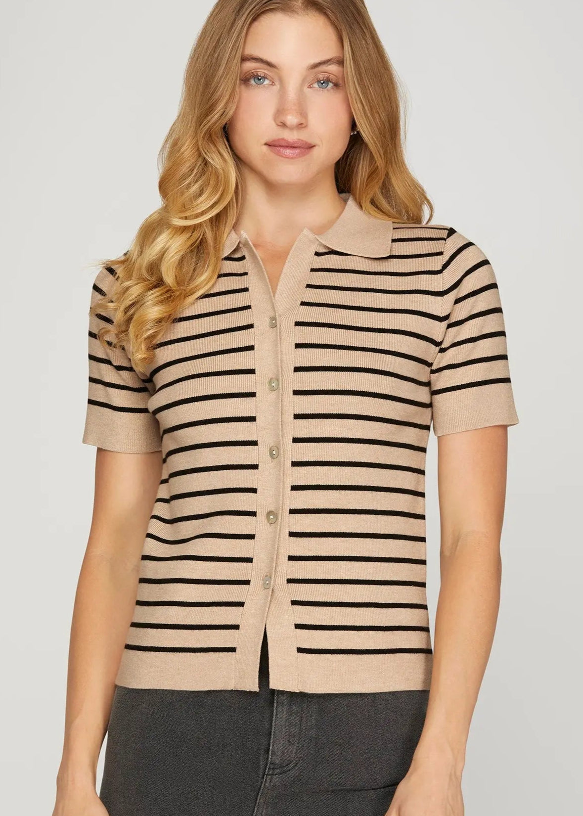 Beige Sweater with Black Stripes