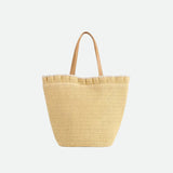 Beige woven tote bag with a tan handle 