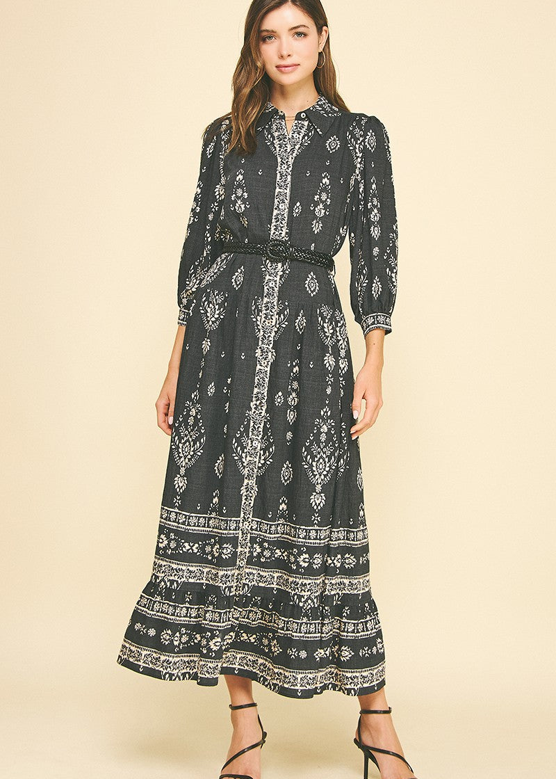 Button front Black Maxi dress with White Floral print