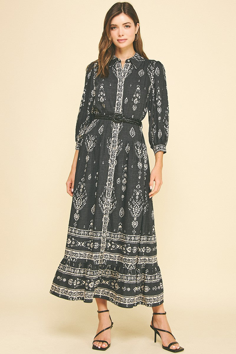 Button front Black Maxi dress with White Floral print