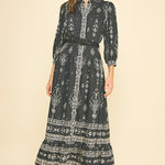 Button front Black Maxi dress with White Floral print