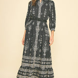 Button front Black Maxi dress with White Floral print