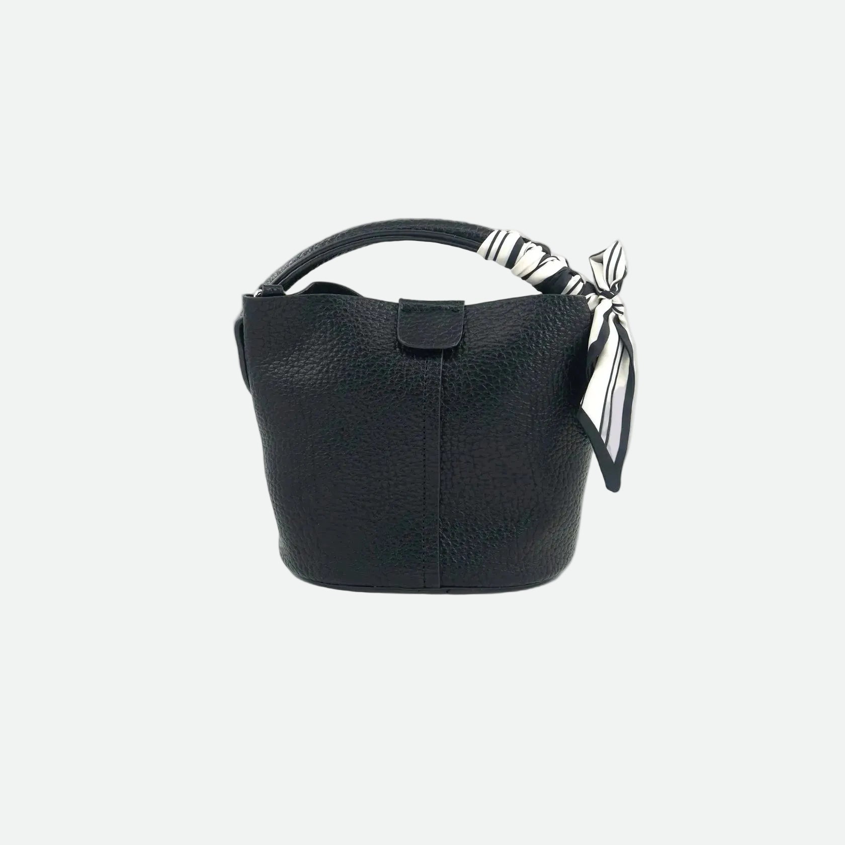Black handbag with a decorative ribbon