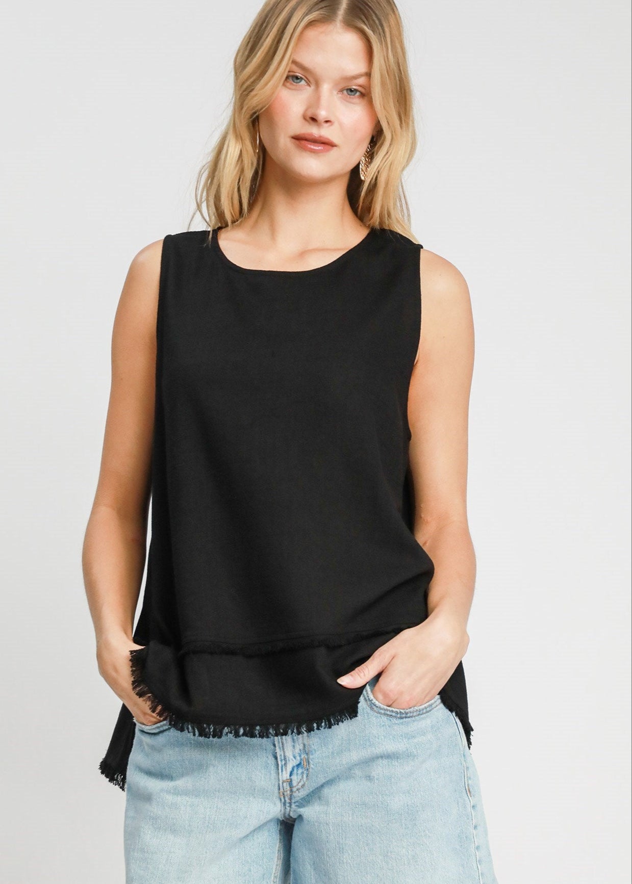 Black Woven Tank with Fringe detail