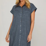 Blue faux suede shirt dress with brown collar, button front