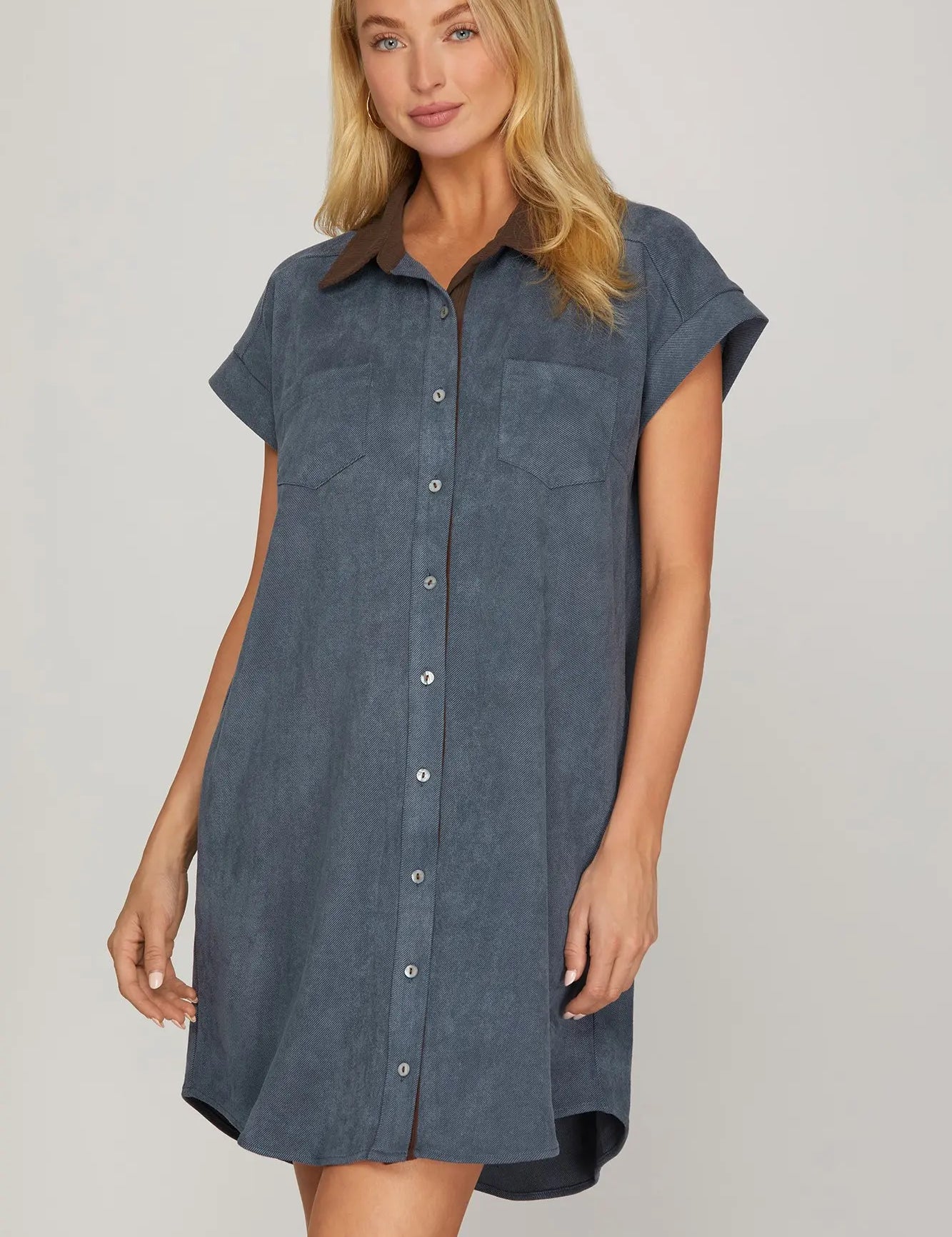 Blue faux suede shirt dress with brown collar, button front