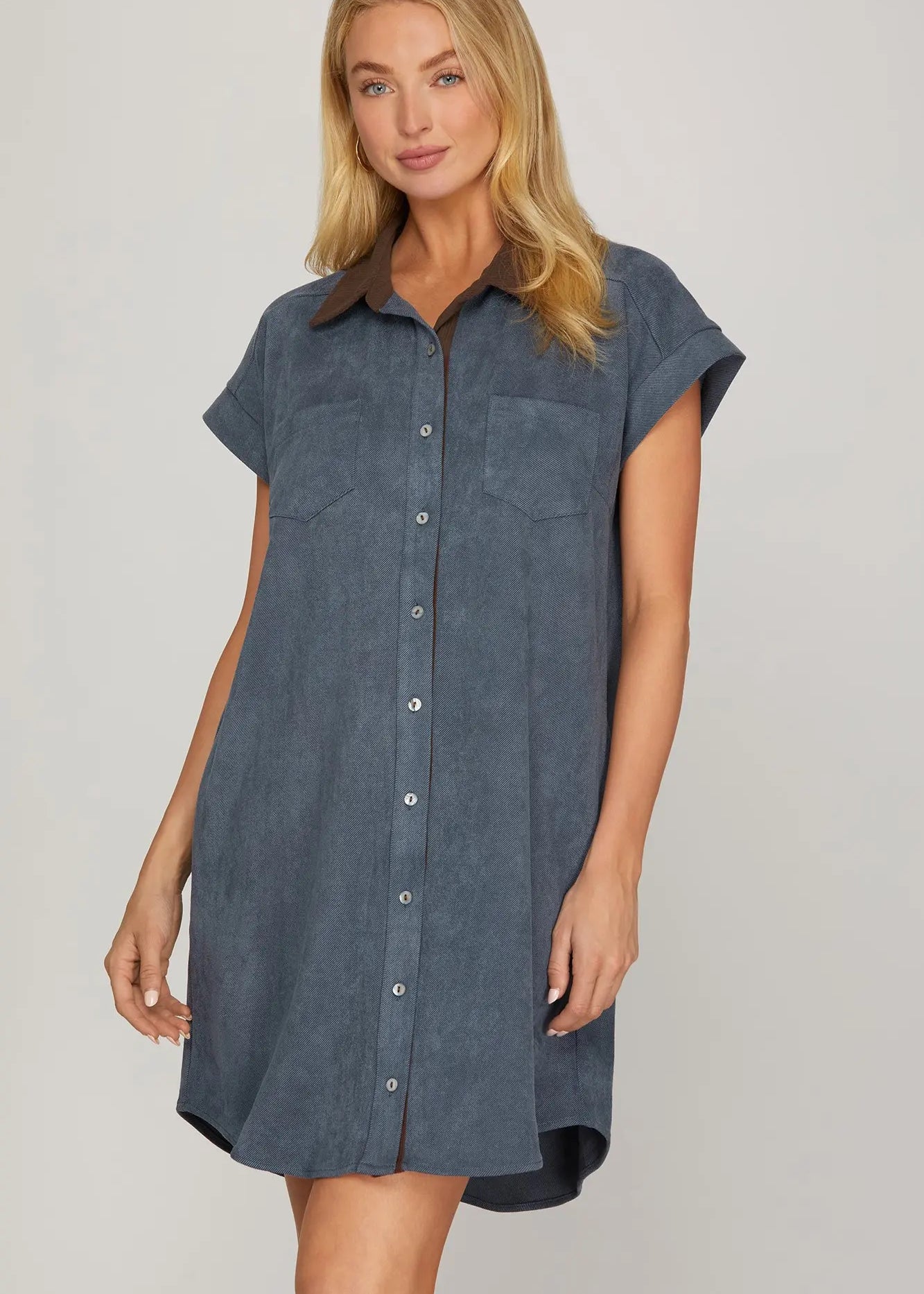 Blue faux suede shirt dress with brown collar, button front