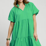 S/S Green Pucker Fabric Tired Dress