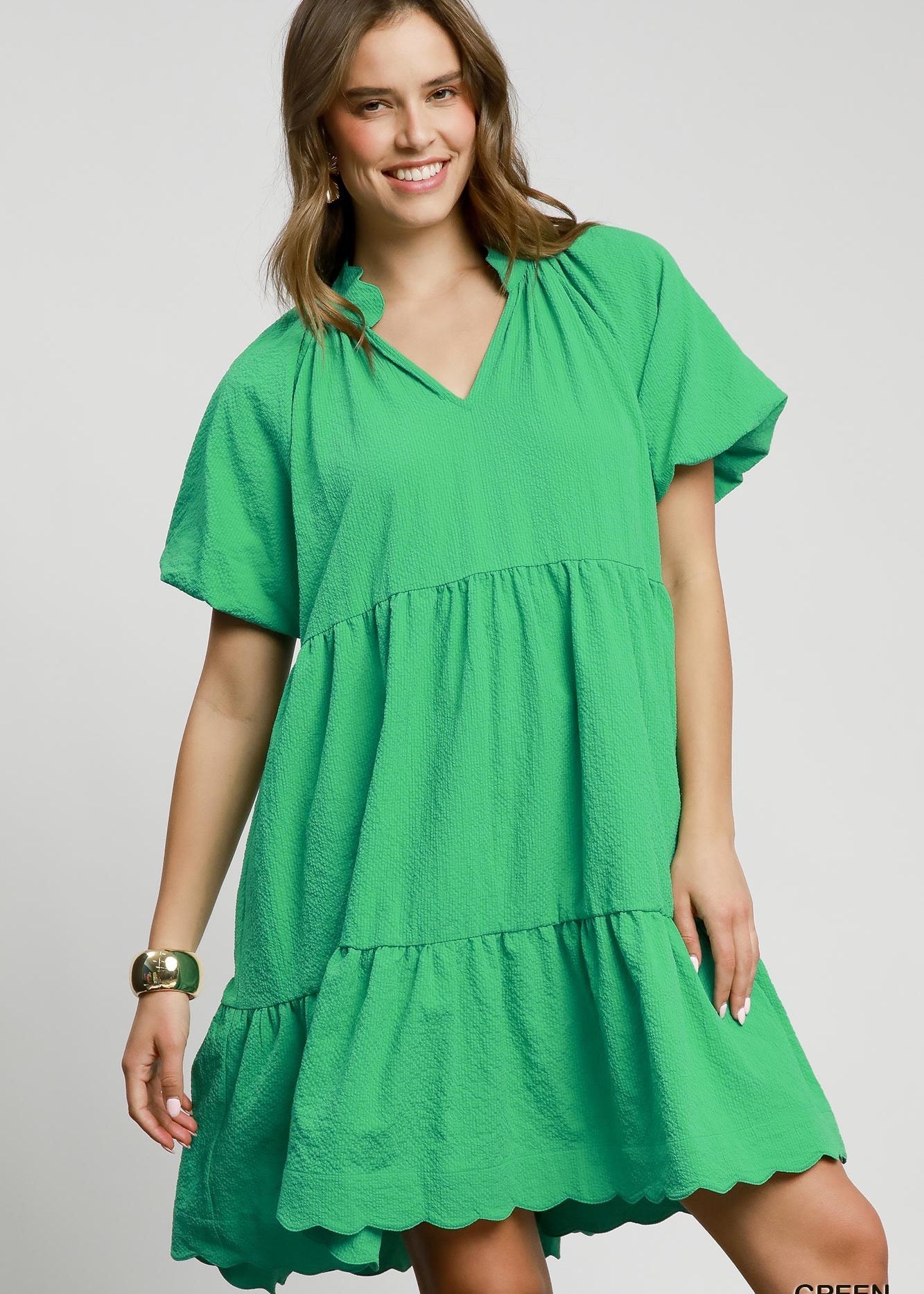 S/S Green Pucker Fabric Tired Dress