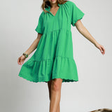 S/S Green Pucker Fabric Tired Dress