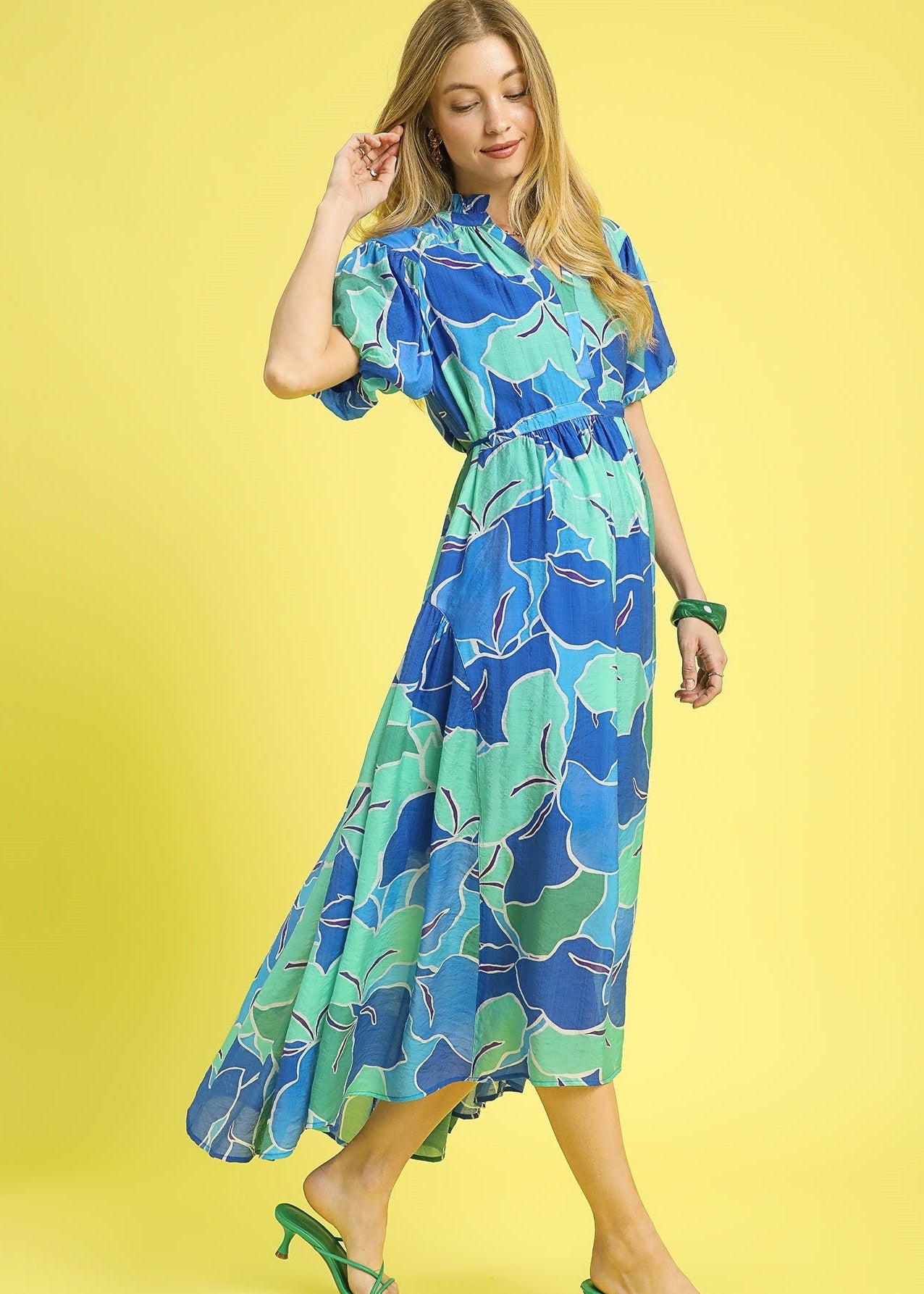 Bubble Sleeve Ocean Mix Midi Dress