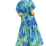 Bubble Sleeve Ocean Mix Midi Dress