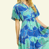 Bubble Sleeve Ocean Mix Midi Dress