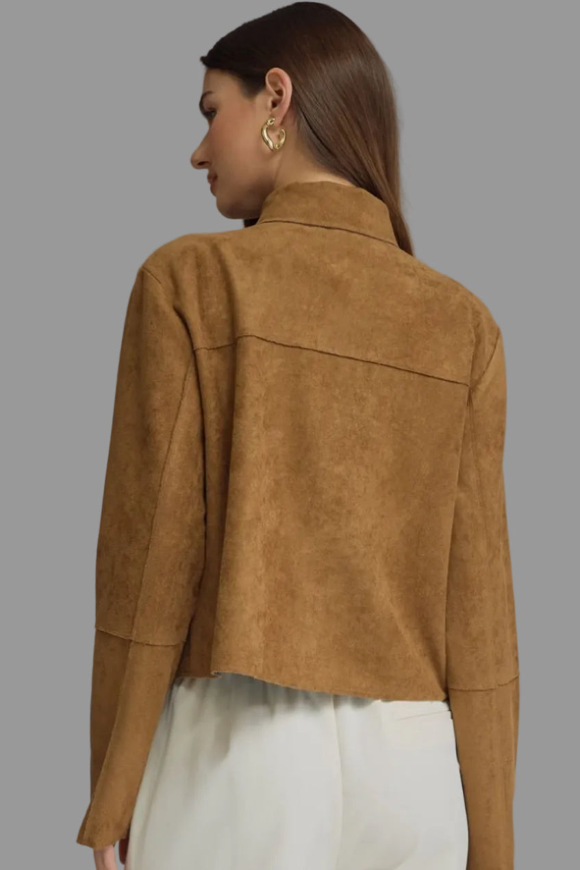 Back view of camel brown suede-look jacket with long sleeves, relaxed fit and exposed seam detailing.