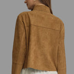Back view of camel brown suede-look jacket with long sleeves, relaxed fit and exposed seam detailing.