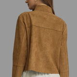 Back view of camel brown suede-look jacket with long sleeves, relaxed fit and exposed seam detailing.