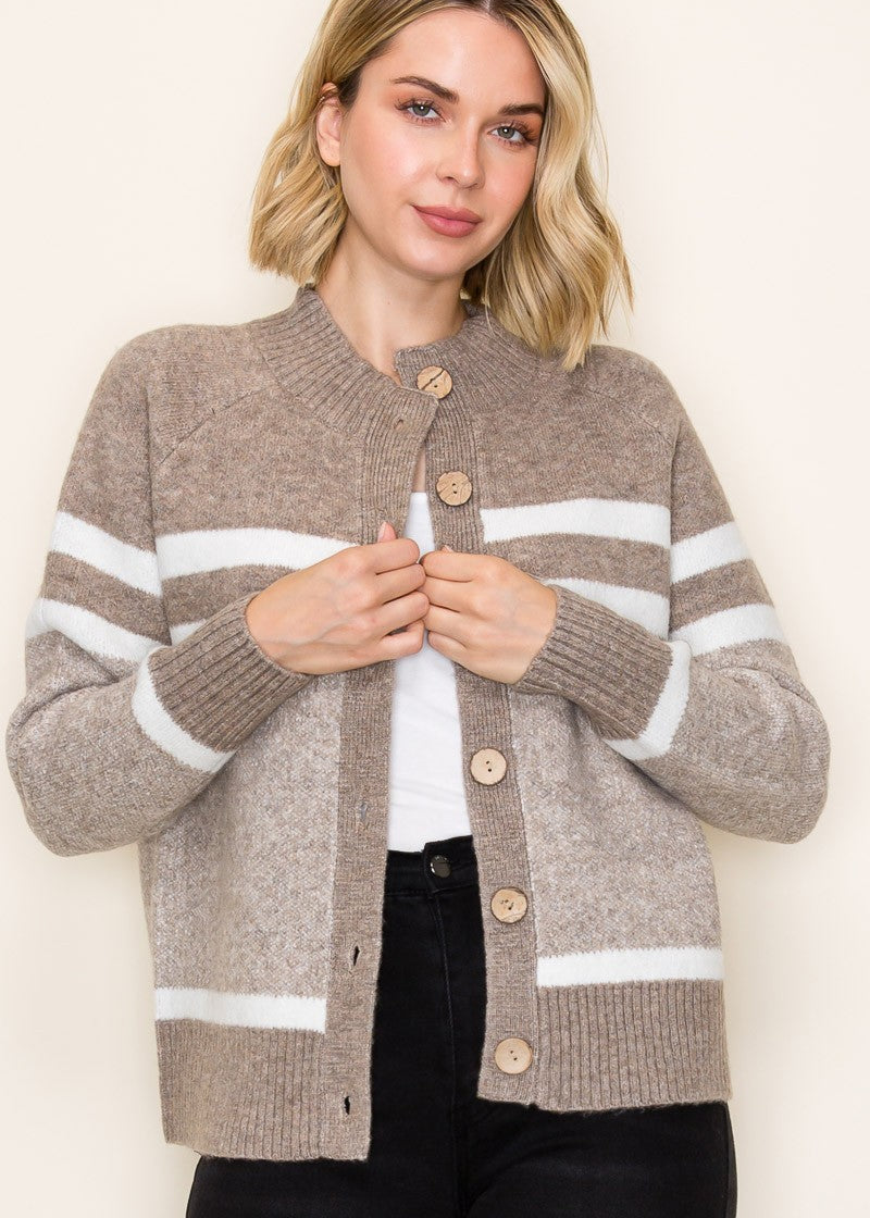 Cardigan sweater with taupe and white stripes
