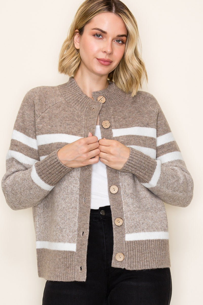 Cardigan sweater with taupe and white stripes